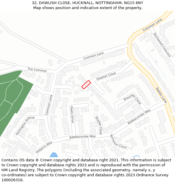 32, DAWLISH CLOSE, HUCKNALL, NOTTINGHAM, NG15 6NY: Location map and indicative extent of plot