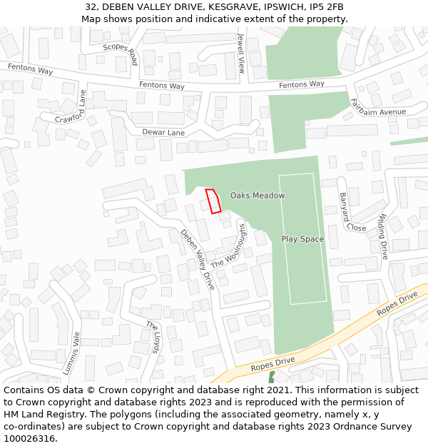 32, DEBEN VALLEY DRIVE, KESGRAVE, IPSWICH, IP5 2FB: Location map and indicative extent of plot