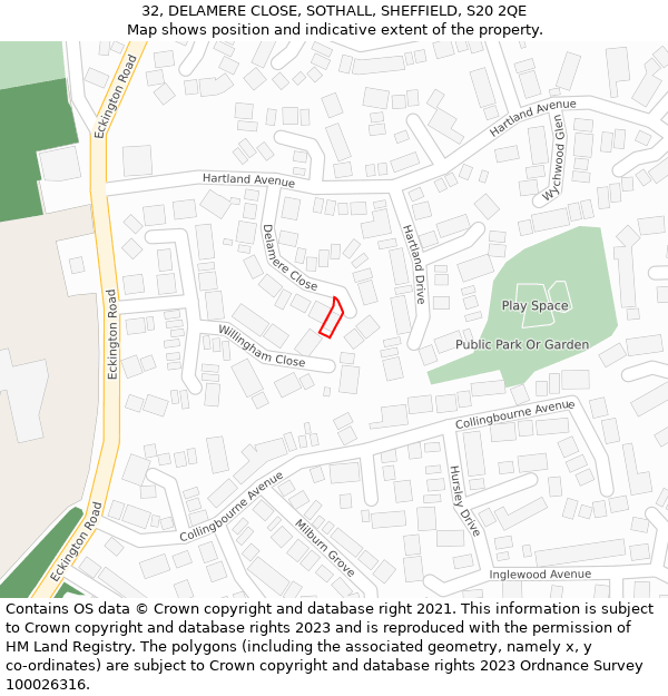 32, DELAMERE CLOSE, SOTHALL, SHEFFIELD, S20 2QE: Location map and indicative extent of plot