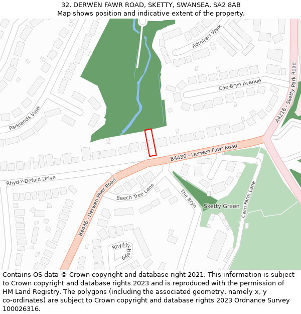 32, DERWEN FAWR ROAD, SKETTY, SWANSEA, SA2 8AB: Location map and indicative extent of plot