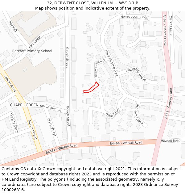 32, DERWENT CLOSE, WILLENHALL, WV13 1JP: Location map and indicative extent of plot