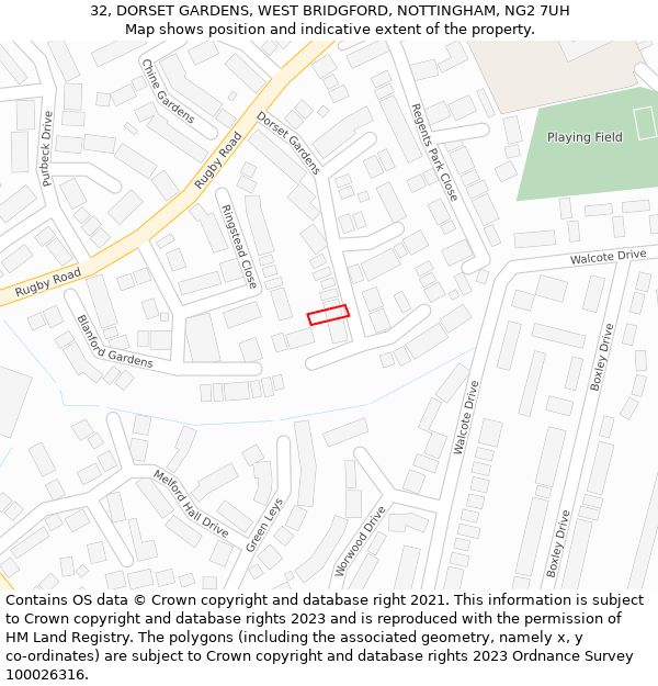 32, DORSET GARDENS, WEST BRIDGFORD, NOTTINGHAM, NG2 7UH: Location map and indicative extent of plot