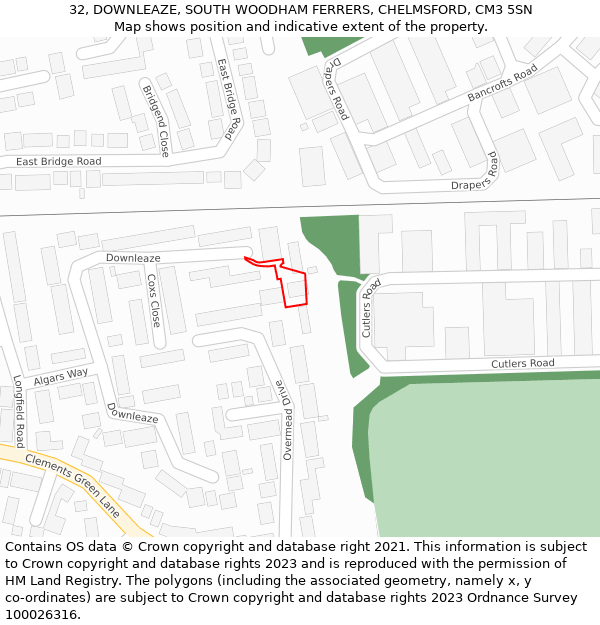 32, DOWNLEAZE, SOUTH WOODHAM FERRERS, CHELMSFORD, CM3 5SN: Location map and indicative extent of plot