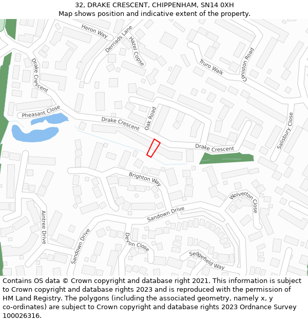 32, DRAKE CRESCENT, CHIPPENHAM, SN14 0XH: Location map and indicative extent of plot