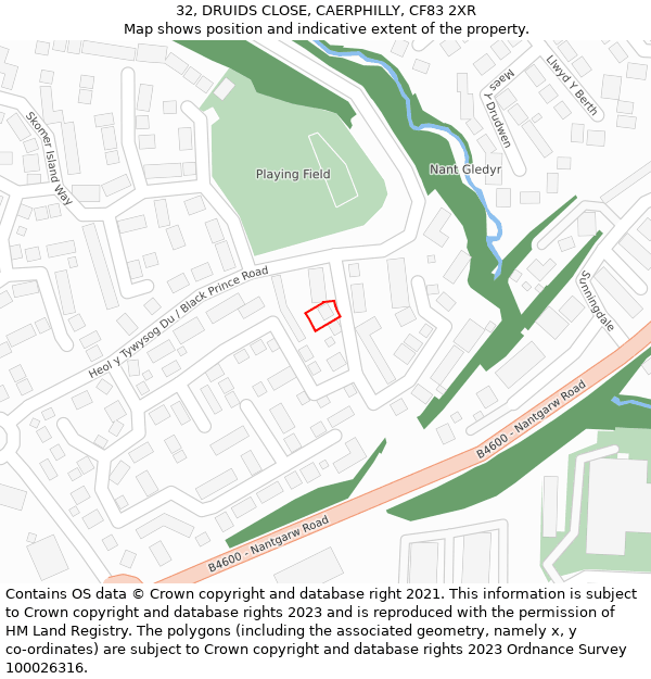 32, DRUIDS CLOSE, CAERPHILLY, CF83 2XR: Location map and indicative extent of plot