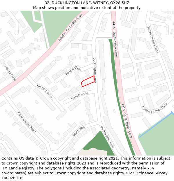 32, DUCKLINGTON LANE, WITNEY, OX28 5HZ: Location map and indicative extent of plot