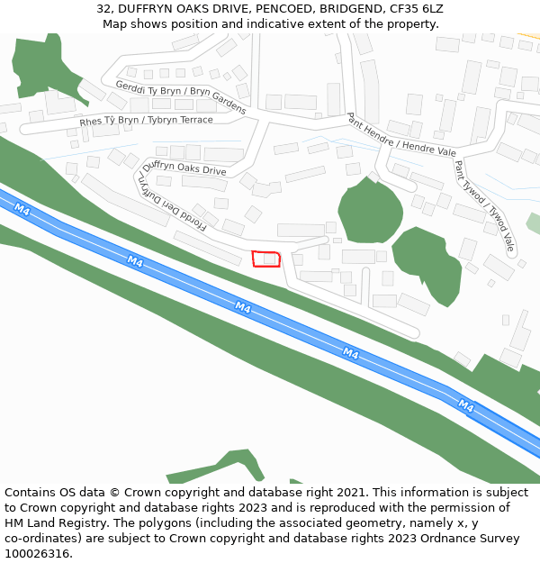 32, DUFFRYN OAKS DRIVE, PENCOED, BRIDGEND, CF35 6LZ: Location map and indicative extent of plot