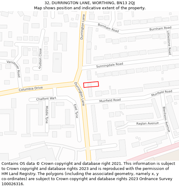 32, DURRINGTON LANE, WORTHING, BN13 2QJ: Location map and indicative extent of plot