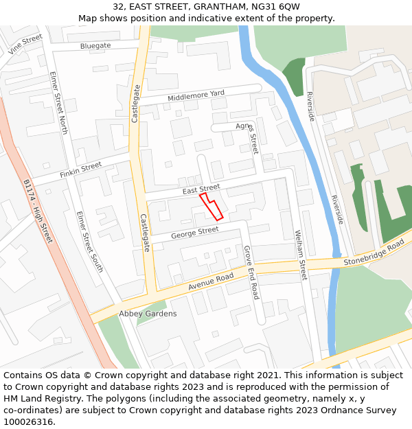 32, EAST STREET, GRANTHAM, NG31 6QW: Location map and indicative extent of plot