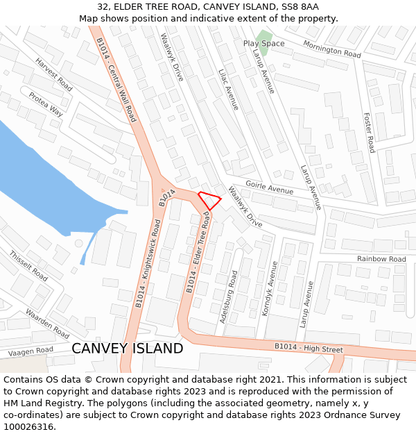32, ELDER TREE ROAD, CANVEY ISLAND, SS8 8AA: Location map and indicative extent of plot