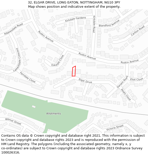 32, ELGAR DRIVE, LONG EATON, NOTTINGHAM, NG10 3PY: Location map and indicative extent of plot