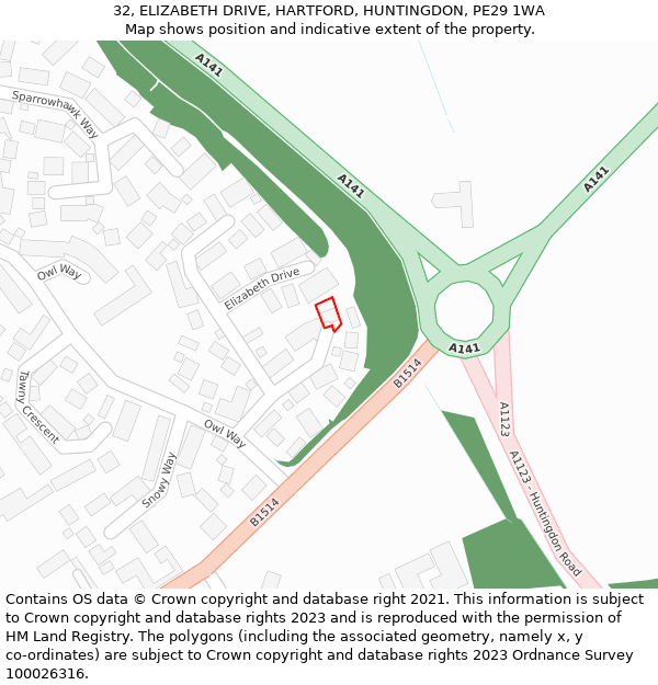 32, ELIZABETH DRIVE, HARTFORD, HUNTINGDON, PE29 1WA: Location map and indicative extent of plot