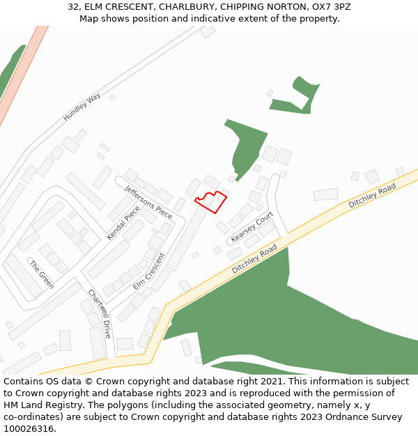 32, ELM CRESCENT, CHARLBURY, CHIPPING NORTON, OX7 3PZ: Location map and indicative extent of plot