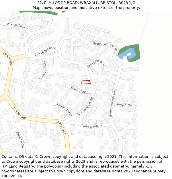 32, ELM LODGE ROAD, WRAXALL, BRISTOL, BS48 1JG: Location map and indicative extent of plot