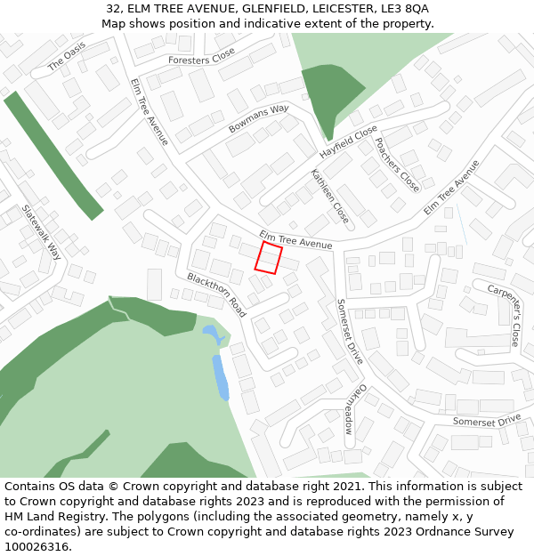 32, ELM TREE AVENUE, GLENFIELD, LEICESTER, LE3 8QA: Location map and indicative extent of plot