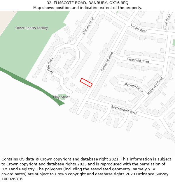 32, ELMSCOTE ROAD, BANBURY, OX16 9EQ: Location map and indicative extent of plot