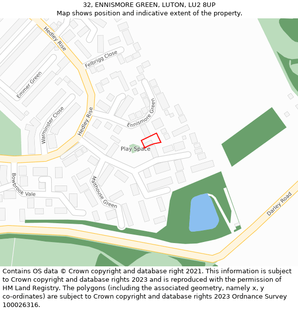 32, ENNISMORE GREEN, LUTON, LU2 8UP: Location map and indicative extent of plot