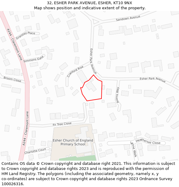 32, ESHER PARK AVENUE, ESHER, KT10 9NX: Location map and indicative extent of plot