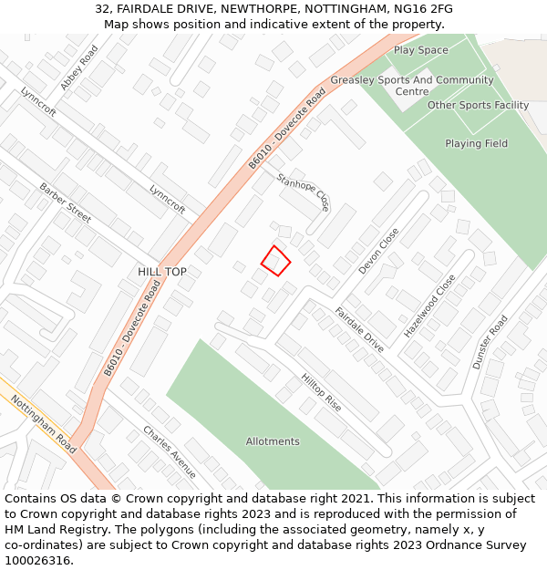 32, FAIRDALE DRIVE, NEWTHORPE, NOTTINGHAM, NG16 2FG: Location map and indicative extent of plot