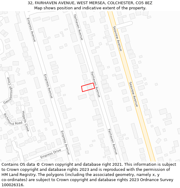 32, FAIRHAVEN AVENUE, WEST MERSEA, COLCHESTER, CO5 8EZ: Location map and indicative extent of plot