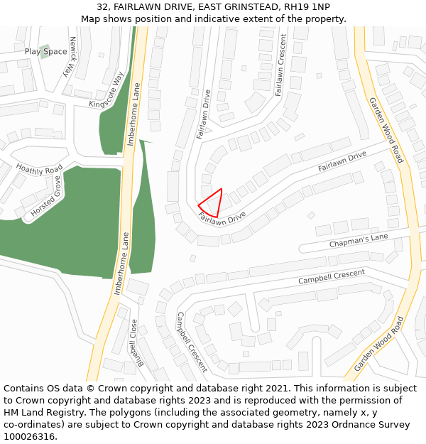 32, FAIRLAWN DRIVE, EAST GRINSTEAD, RH19 1NP: Location map and indicative extent of plot