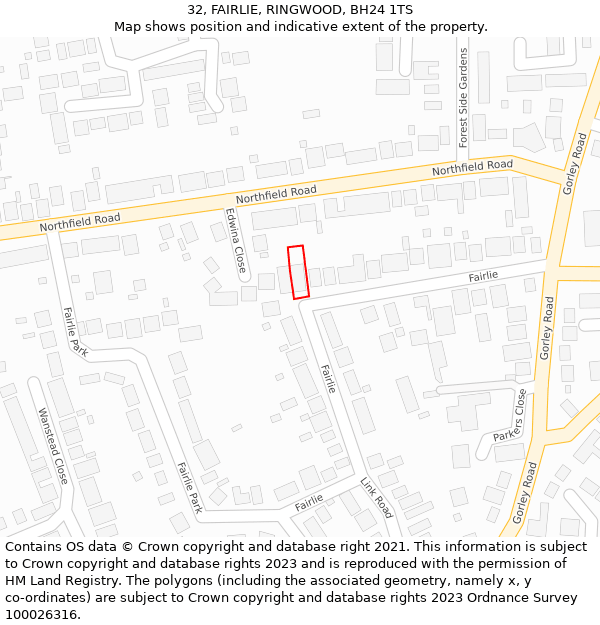 32, FAIRLIE, RINGWOOD, BH24 1TS: Location map and indicative extent of plot