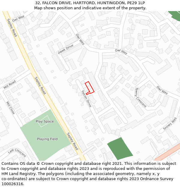 32, FALCON DRIVE, HARTFORD, HUNTINGDON, PE29 1LP: Location map and indicative extent of plot