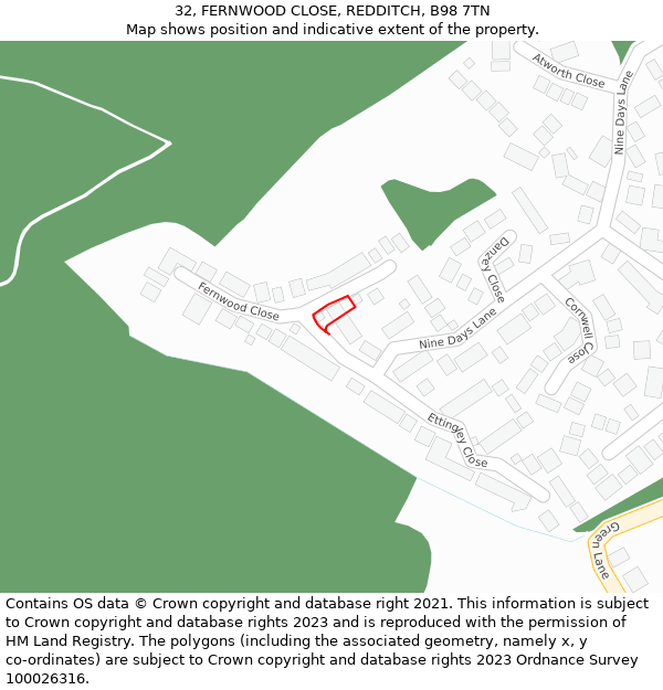 32, FERNWOOD CLOSE, REDDITCH, B98 7TN: Location map and indicative extent of plot