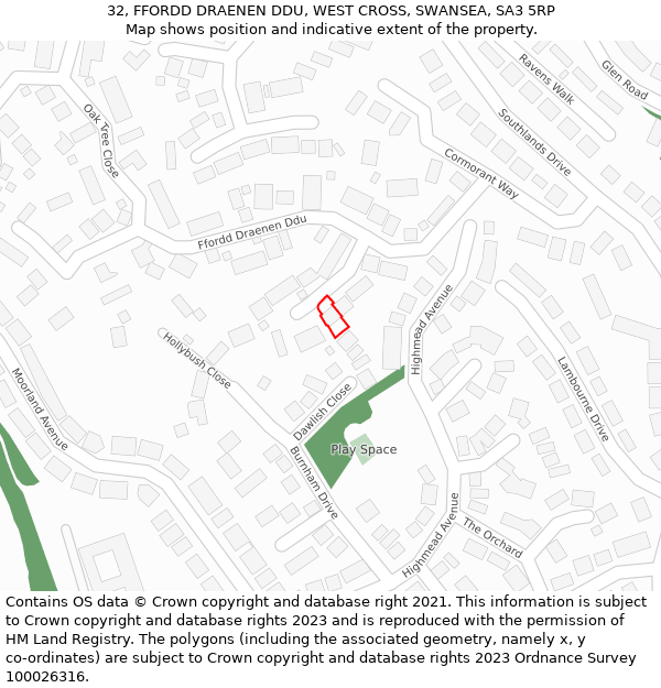 32, FFORDD DRAENEN DDU, WEST CROSS, SWANSEA, SA3 5RP: Location map and indicative extent of plot