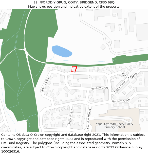 32, FFORDD Y GRUG, COITY, BRIDGEND, CF35 6BQ: Location map and indicative extent of plot