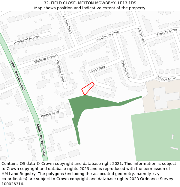 32, FIELD CLOSE, MELTON MOWBRAY, LE13 1DS: Location map and indicative extent of plot