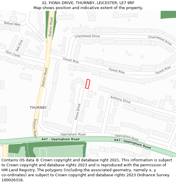 32, FIONA DRIVE, THURNBY, LEICESTER, LE7 9RF: Location map and indicative extent of plot