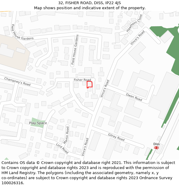 32, FISHER ROAD, DISS, IP22 4JS: Location map and indicative extent of plot