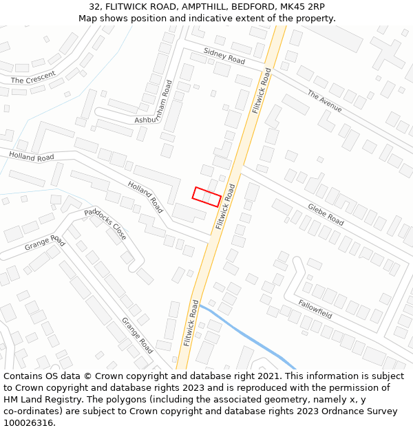 32, FLITWICK ROAD, AMPTHILL, BEDFORD, MK45 2RP: Location map and indicative extent of plot