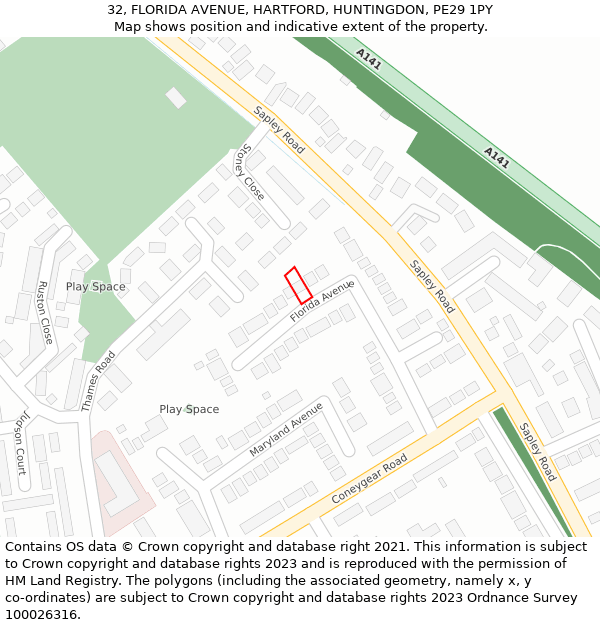 32, FLORIDA AVENUE, HARTFORD, HUNTINGDON, PE29 1PY: Location map and indicative extent of plot