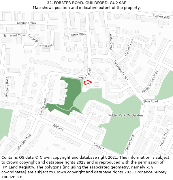 32, FORSTER ROAD, GUILDFORD, GU2 9AF: Location map and indicative extent of plot