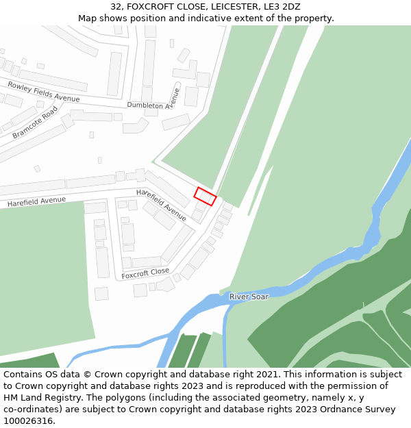 32, FOXCROFT CLOSE, LEICESTER, LE3 2DZ: Location map and indicative extent of plot