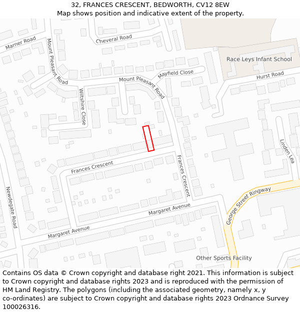 32, FRANCES CRESCENT, BEDWORTH, CV12 8EW: Location map and indicative extent of plot