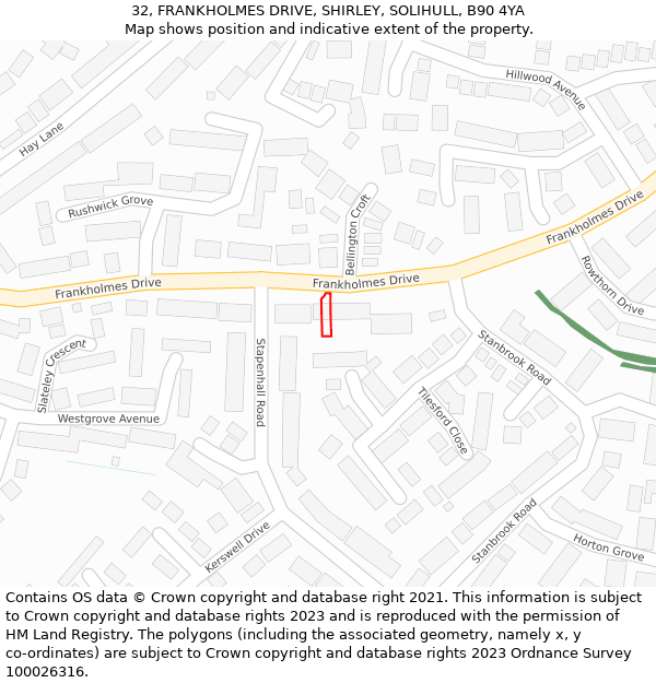 32, FRANKHOLMES DRIVE, SHIRLEY, SOLIHULL, B90 4YA: Location map and indicative extent of plot