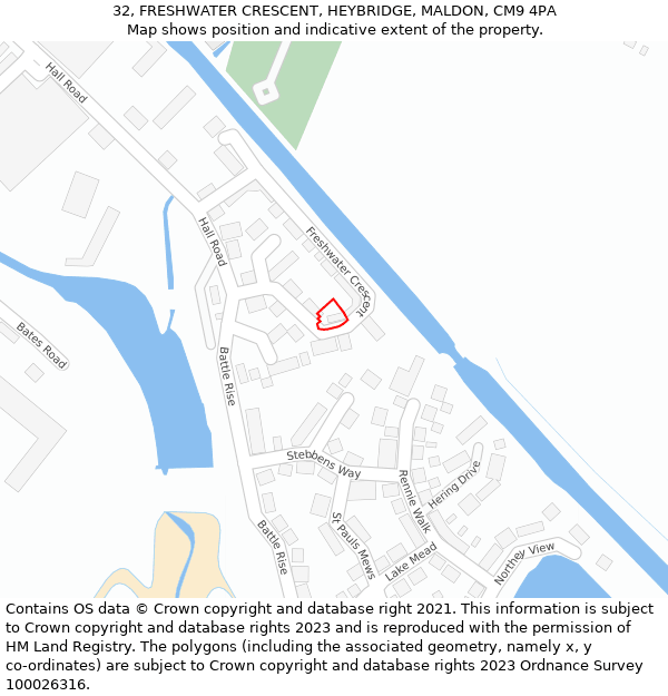 32, FRESHWATER CRESCENT, HEYBRIDGE, MALDON, CM9 4PA: Location map and indicative extent of plot
