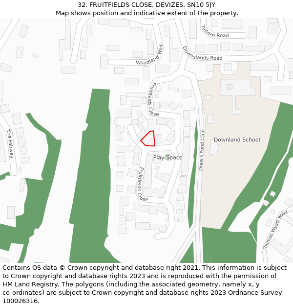 32, FRUITFIELDS CLOSE, DEVIZES, SN10 5JY: Location map and indicative extent of plot