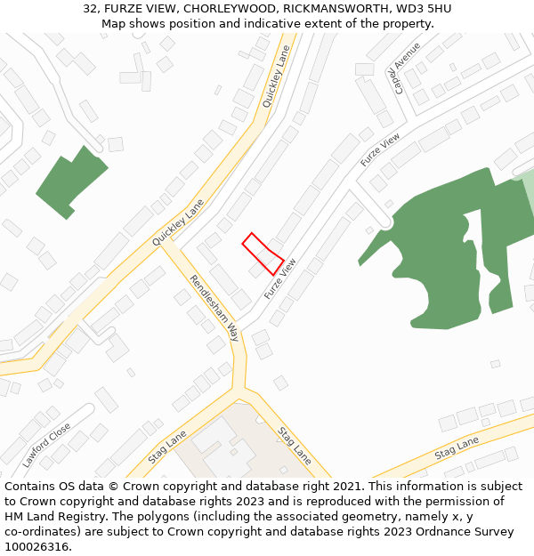 32, FURZE VIEW, CHORLEYWOOD, RICKMANSWORTH, WD3 5HU: Location map and indicative extent of plot