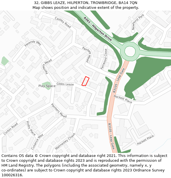 32, GIBBS LEAZE, HILPERTON, TROWBRIDGE, BA14 7QN: Location map and indicative extent of plot