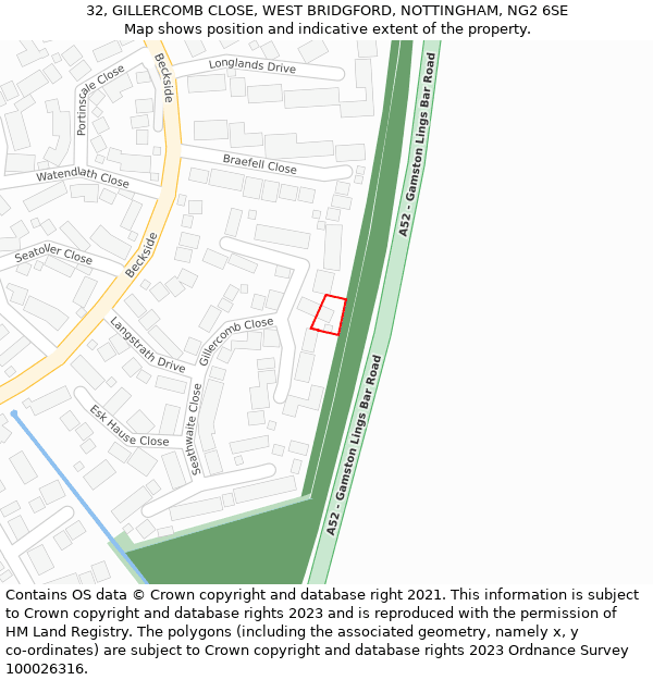 32, GILLERCOMB CLOSE, WEST BRIDGFORD, NOTTINGHAM, NG2 6SE: Location map and indicative extent of plot