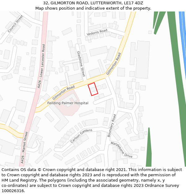32, GILMORTON ROAD, LUTTERWORTH, LE17 4DZ: Location map and indicative extent of plot