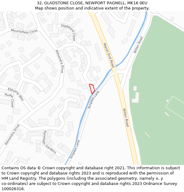 32, GLADSTONE CLOSE, NEWPORT PAGNELL, MK16 0EU: Location map and indicative extent of plot