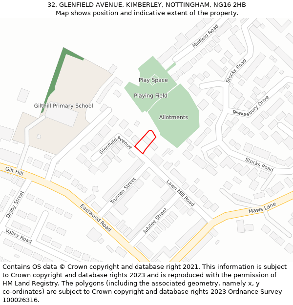 32, GLENFIELD AVENUE, KIMBERLEY, NOTTINGHAM, NG16 2HB: Location map and indicative extent of plot