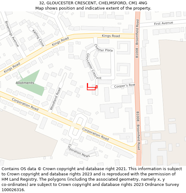 32, GLOUCESTER CRESCENT, CHELMSFORD, CM1 4NG: Location map and indicative extent of plot