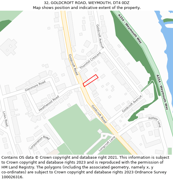 32, GOLDCROFT ROAD, WEYMOUTH, DT4 0DZ: Location map and indicative extent of plot