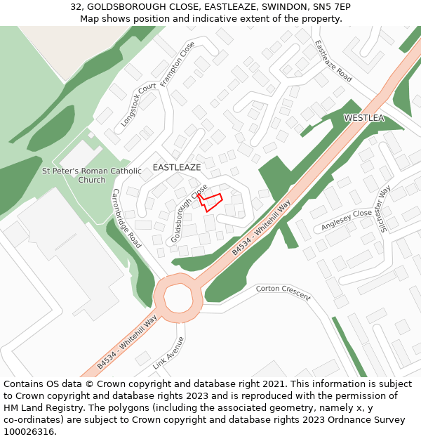 32, GOLDSBOROUGH CLOSE, EASTLEAZE, SWINDON, SN5 7EP: Location map and indicative extent of plot